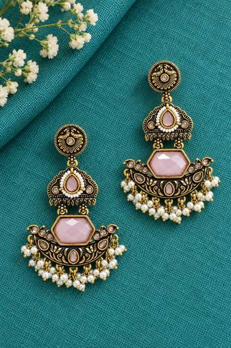 Gold oxidized pink stone chandbali earrings
