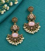Gold oxidized pink stone chandbali earrings