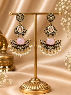 Gold oxidized pink stone chandbali earrings 2