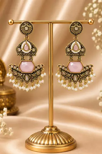 Gold oxidized pink stone chandbali earrings