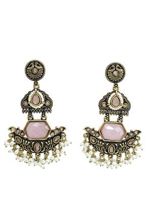 Gold oxidized pink stone chandbali earrings 3