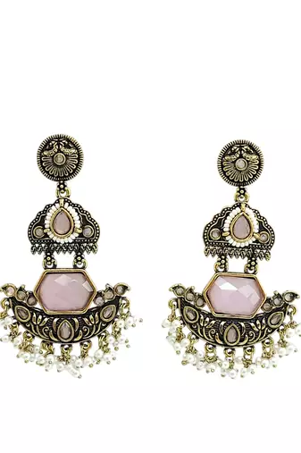 Gold oxidized pink stone chandbali earrings