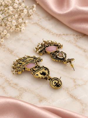 Gold oxidized pink stone chandbali earrings 4