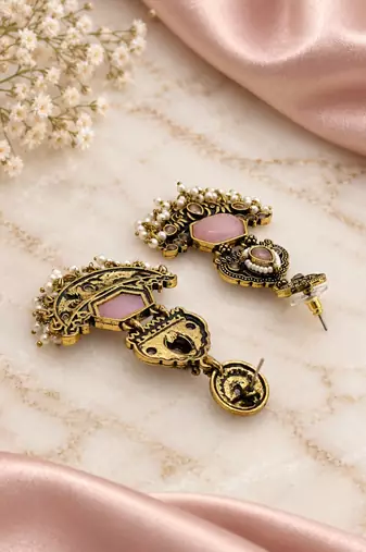 Gold oxidized pink stone chandbali earrings