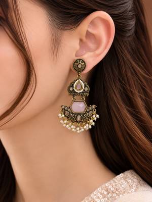 Gold oxidized pink stone chandbali earrings 5
