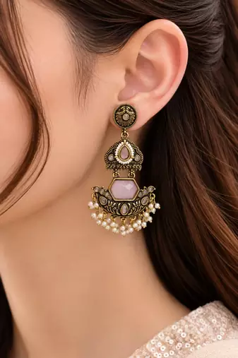 Gold oxidized pink stone chandbali earrings