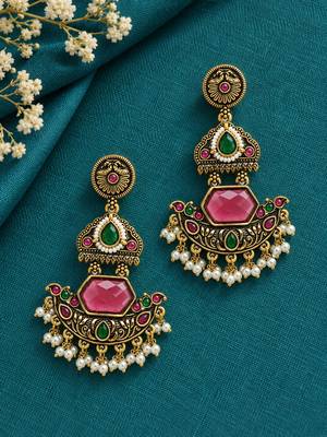 Gold oxidized red green stone chandbali earrings 1
