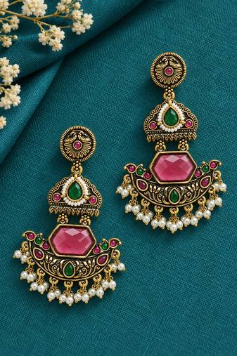 Gold oxidized red green stone chandbali earrings
