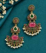 Gold oxidized red green stone chandbali earrings