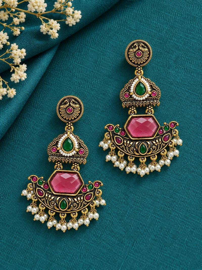 Gold oxidized red green stone chandbali earrings