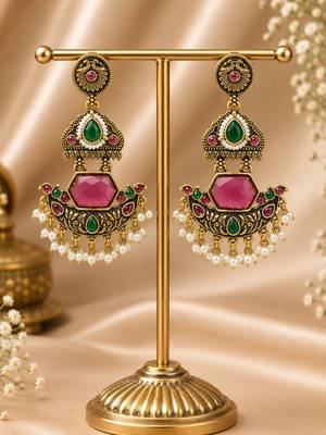 Gold oxidized red green stone chandbali earrings 2