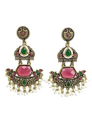 Gold oxidized red green stone chandbali earrings 3