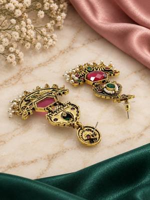 Gold oxidized red green stone chandbali earrings 4