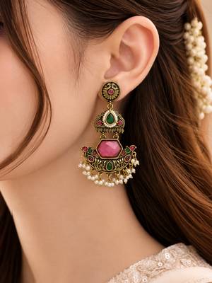 Gold oxidized red green stone chandbali earrings 5