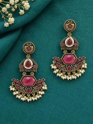 Gold oxidized red ruby stone chandbali earrings 1