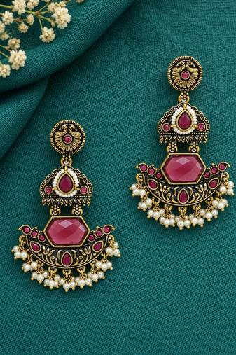 Gold oxidized red ruby stone chandbali earrings