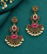 Gold oxidized red ruby stone chandbali earrings