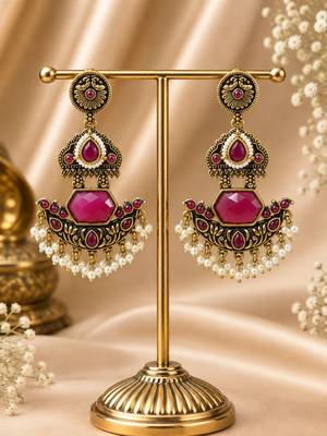 Gold oxidized red ruby stone chandbali earrings 2