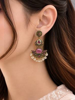 Gold oxidized red ruby stone chandbali earrings 5
