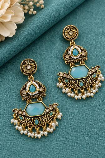 Gold oxidized sky blue stone chandbali earrings