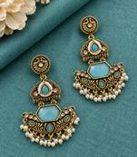 Gold oxidized sky blue stone chandbali earrings