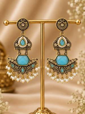 Gold oxidized sky blue stone chandbali earrings 2