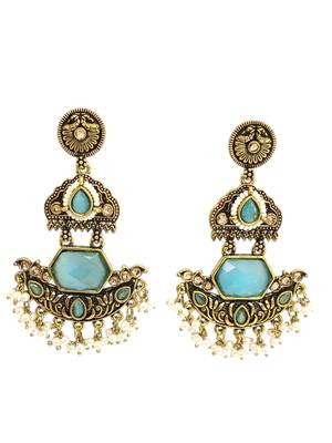 Gold oxidized sky blue stone chandbali earrings 3