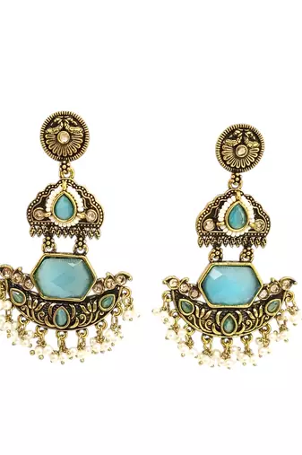 Gold oxidized sky blue stone chandbali earrings