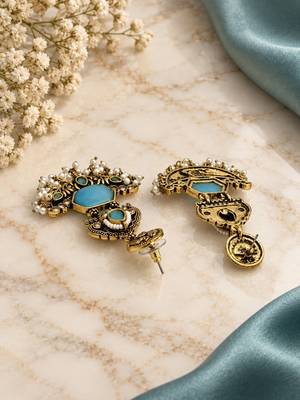 Gold oxidized sky blue stone chandbali earrings 4