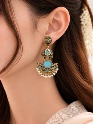 Gold oxidized sky blue stone chandbali earrings 5