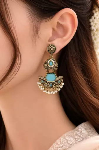 Gold oxidized sky blue stone chandbali earrings