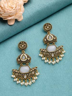 Gold oxidized white stone chandbali earrings 1