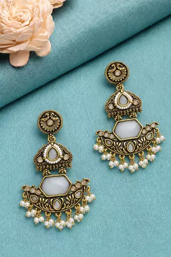 Gold oxidized white stone chandbali earrings