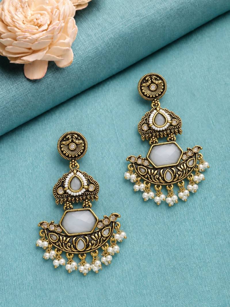Gold oxidized white stone chandbali earrings