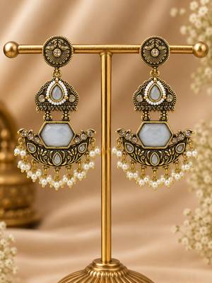 Gold oxidized white stone chandbali earrings 2