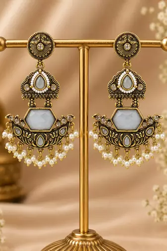 Gold oxidized white stone chandbali earrings