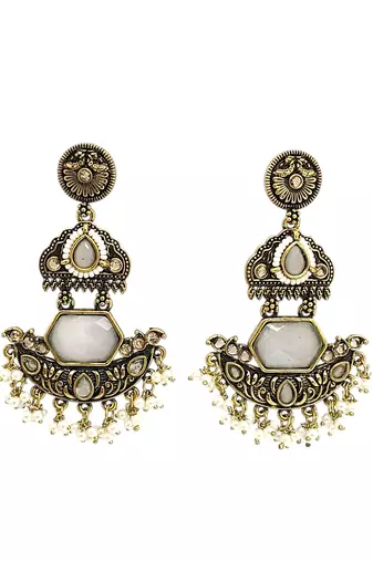 Gold oxidized white stone chandbali earrings