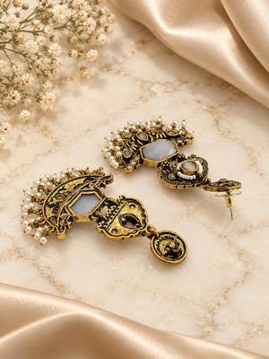 Gold oxidized white stone chandbali earrings 4