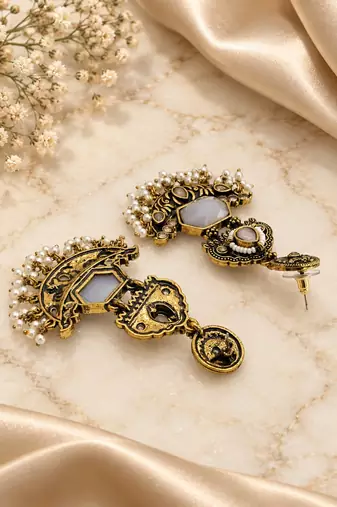 Gold oxidized white stone chandbali earrings