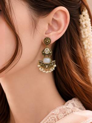 Gold oxidized white stone chandbali earrings 5