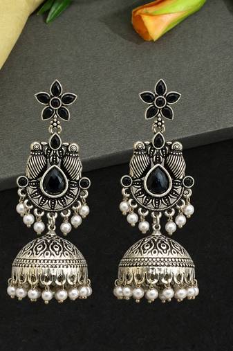 German silver bird motif black long dome jhumka earrings