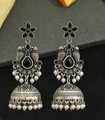 German silver bird motif black long dome jhumka earrings