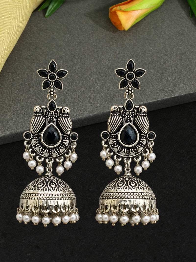 German silver bird motif black long dome jhumka earrings