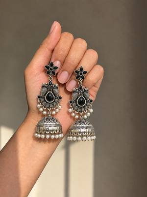 German silver bird motif black long dome jhumka earrings 2