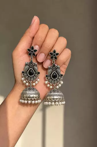 German silver bird motif black long dome jhumka earrings