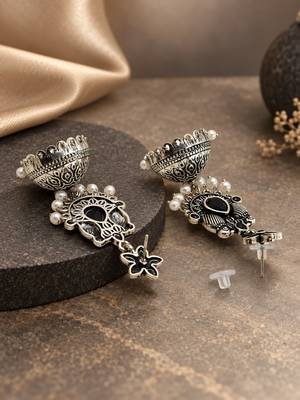 German silver bird motif black long dome jhumka earrings 3
