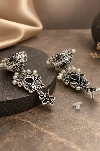 German silver bird motif black long dome jhumka earrings