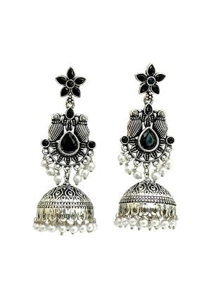 German silver bird motif black long dome jhumka earrings 4