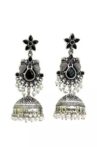 German silver bird motif black long dome jhumka earrings