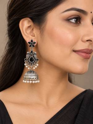 German silver bird motif black long dome jhumka earrings 5